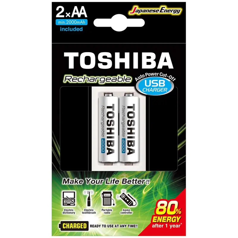 Cargador de Pilas Toshiba TNHC 6GME2 CB USB +2 Pilas AA Ni MH 2000mAh