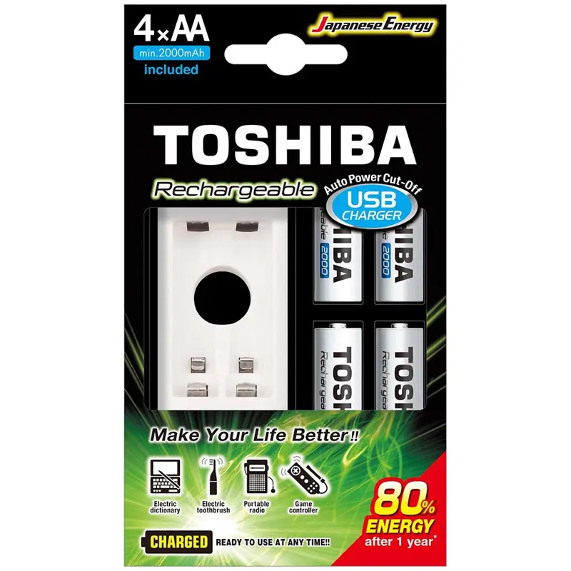 Cargador de Pilas Toshiba TNHC 6GME4 CB USB +4 Pilas AA Ni MH 2000mAh