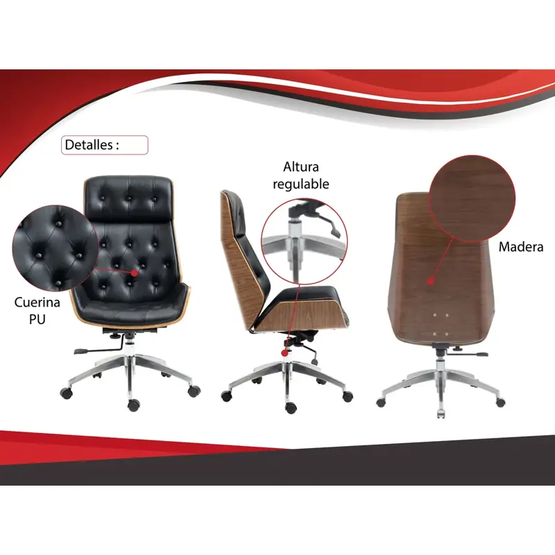Silla de Oficina Premium Sillon Gerencial Madera Capitone negro