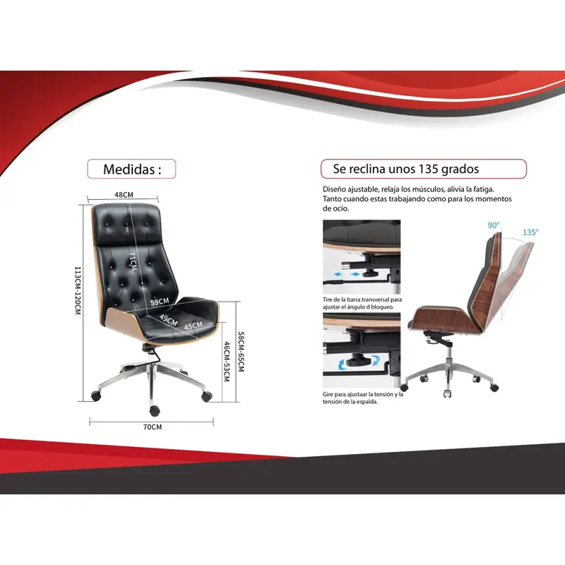 Silla de Oficina Premium Sillon Gerencial Madera Capitone negro