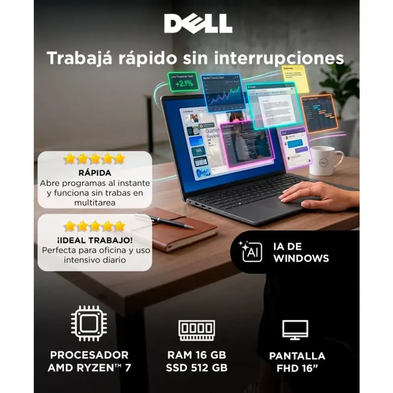 Notebook Dell 16” FHD IPS AMD Ryzen™ 7 RAM 16 GB SSD 512 GB