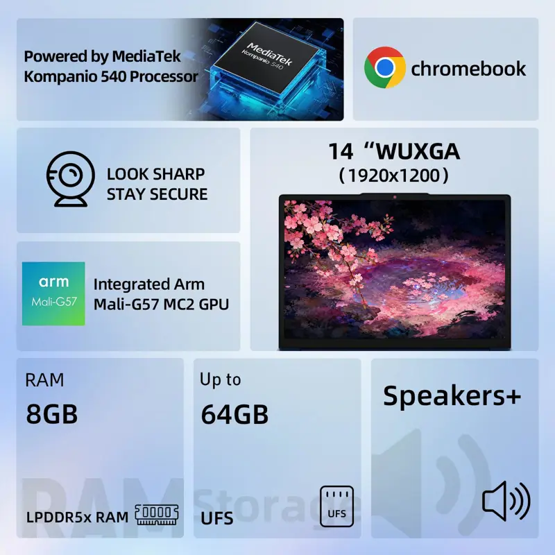 Chromebook Lenovo 14 MediaTek Kompanio, 8?GB RAM, 64?GB almacenamiento