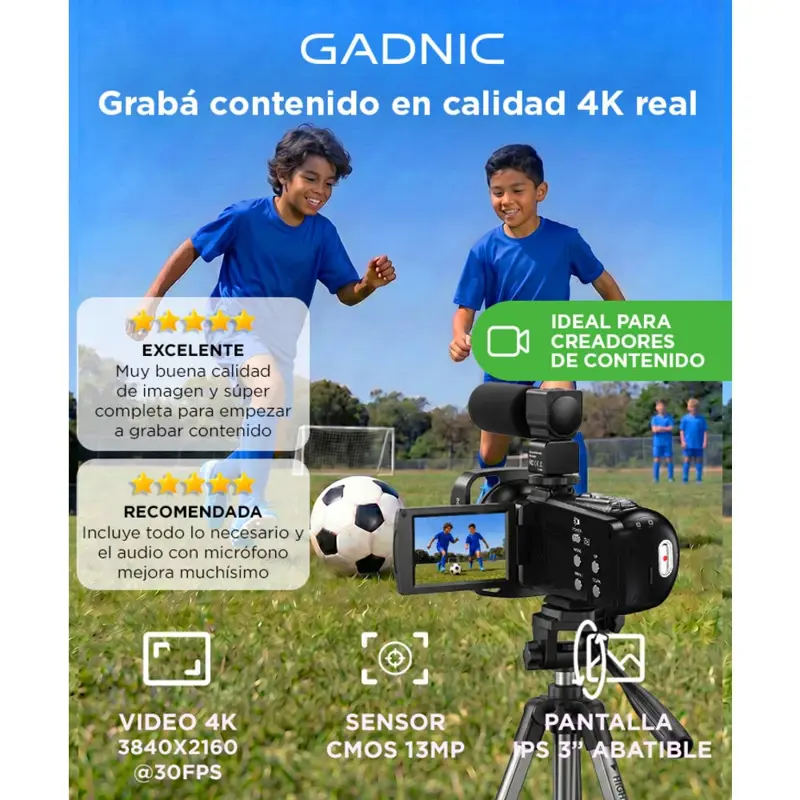 Cámara Filmadora 4K Gadnic Con Micrófono Y Estabilizador Pantalla Abatible IPS 3