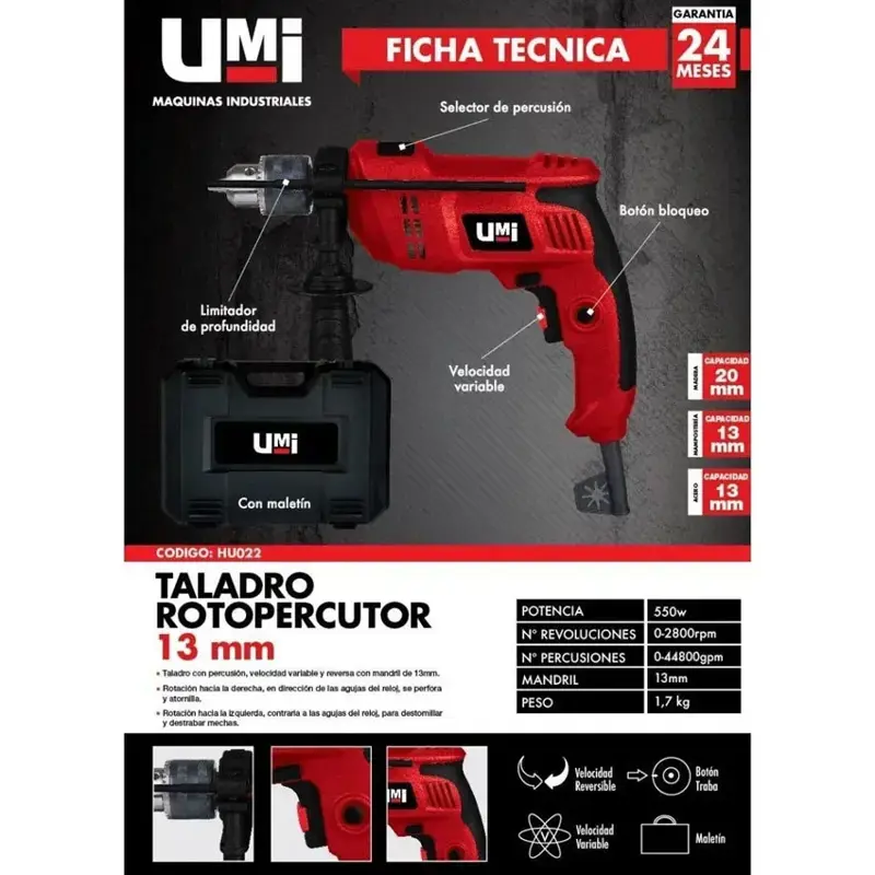 Taladro Percutor Umi Electrico 13mm 550w Hu022