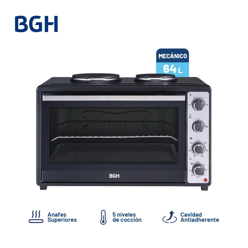 Horno Eléctrico BGH Mecánico con Anafe Antiadherente Negro 64L