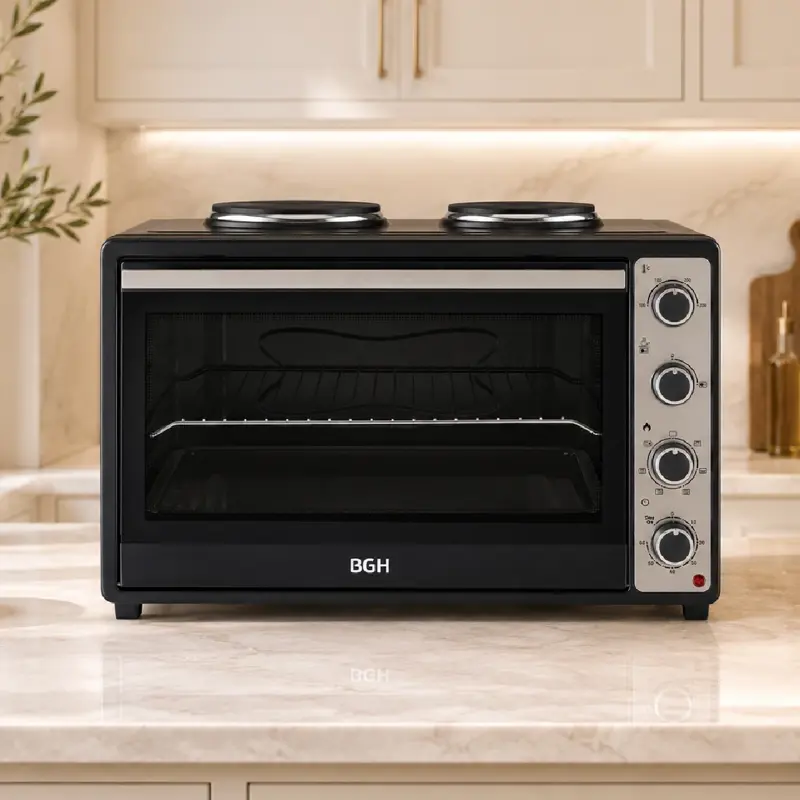 Horno Eléctrico BGH Mecánico con Anafe Antiadherente Negro 64L