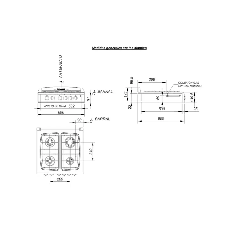 Anafe Domec AXCLV, multigas, 4 hornallas, acero inoxidable