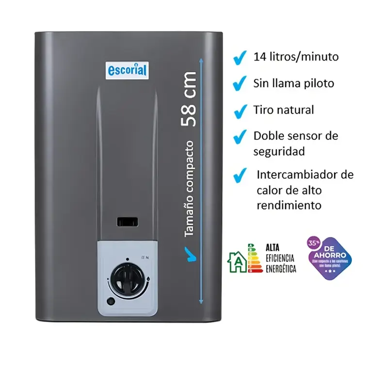 calefon escorial 14 lts tiro natural sin piloto gris grafito tipo de gas gn