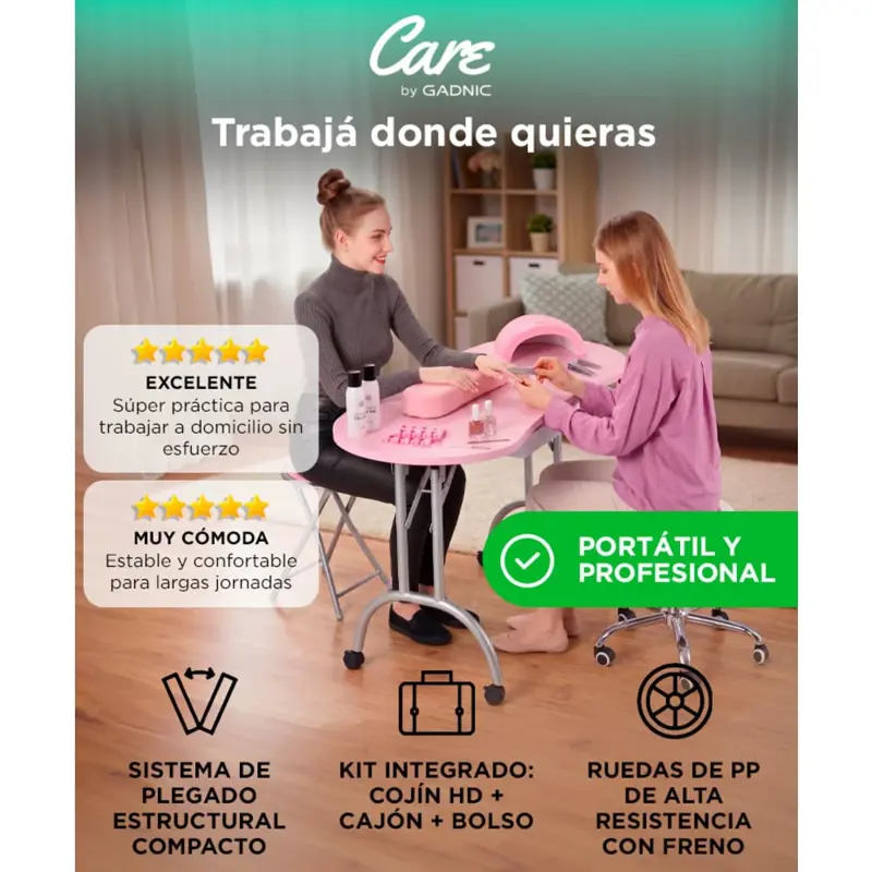 Mesa De Manicura Plegable Care By Gadnic Estructura Hierro MDF Ruedas PP
