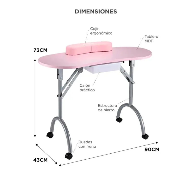 Mesa De Manicura Plegable Care By Gadnic Estructura Hierro MDF Ruedas PP