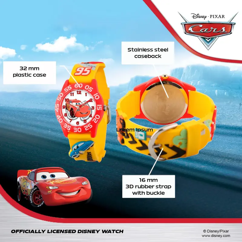 Reloj Infantil Disney Rayo McQueen Bisel Rojo Correa Amarilla