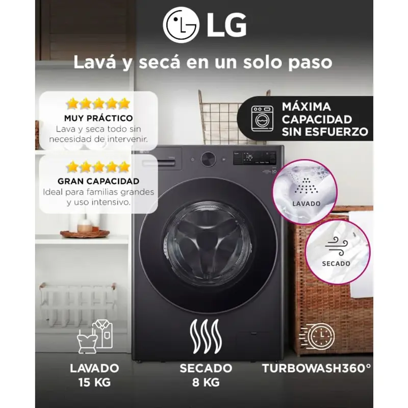 Lavasecarropas LG 15kg 8kg ThinQ AI DD TurboWash y Conexión Inalámbrica