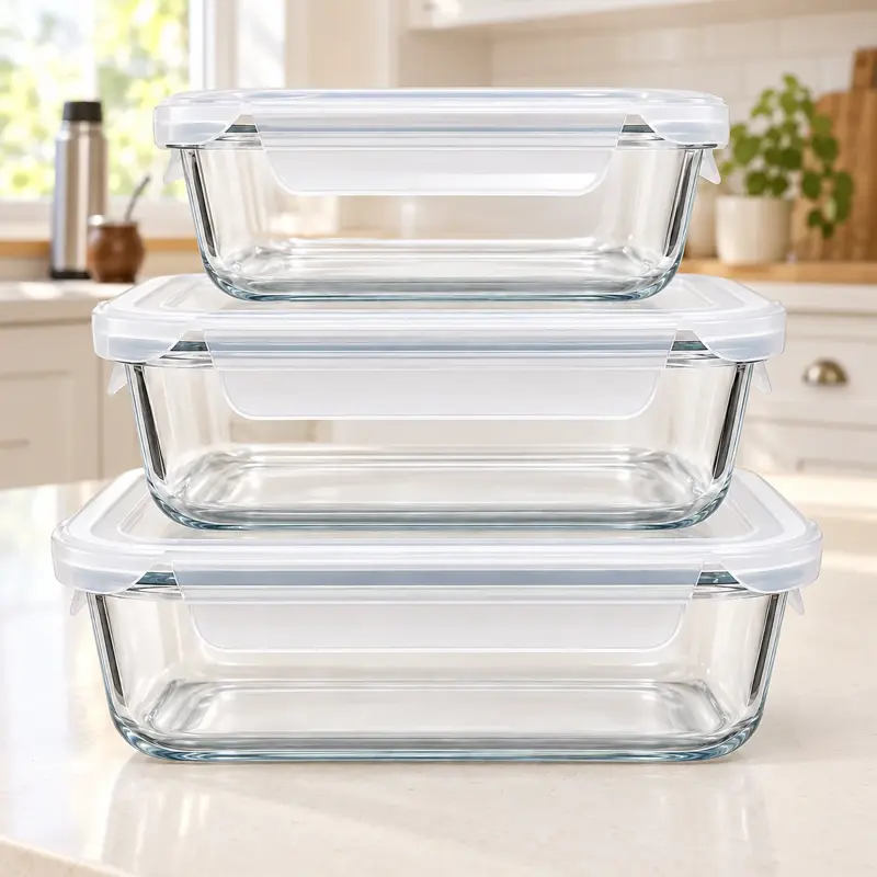Set X3 Contenedores De Vidrio Con Tapa Blanca