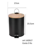Cesto Tacho Basura Pedal 3L Acero Pintado Negro Tapa Bambú