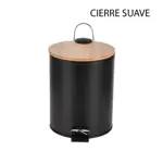 Cesto Tacho Basura Pedal 3L Acero Pintado Negro Tapa Bambú
