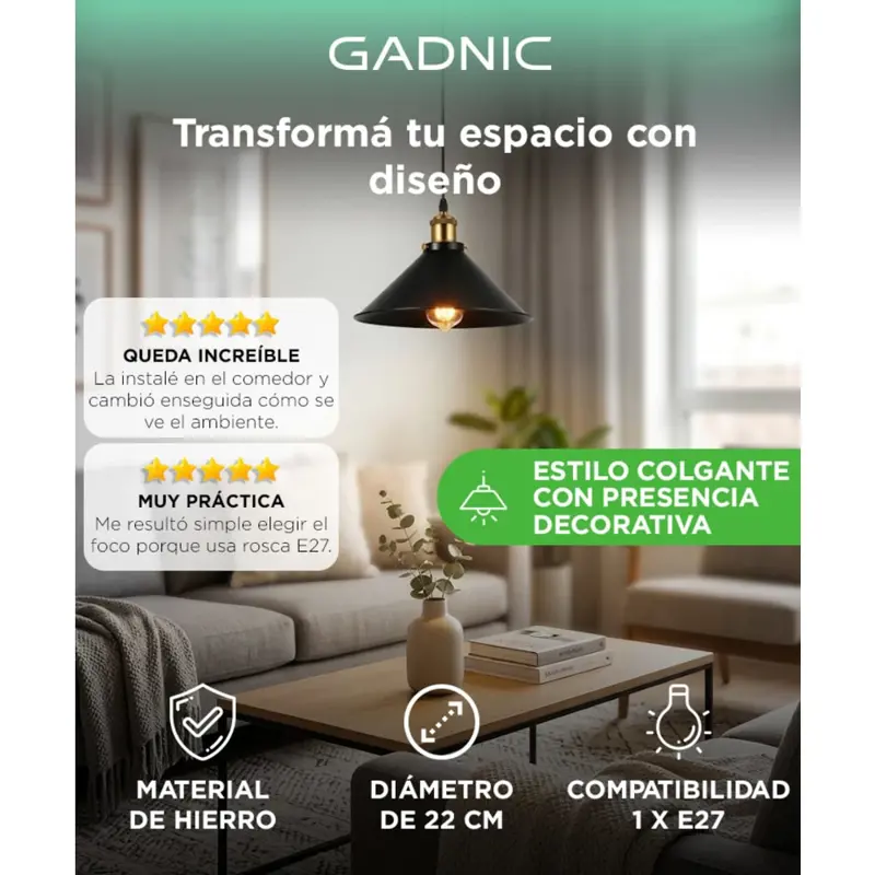 Lámpara De Techo Colgante Gadnic De Hierro 22 Cm E27 Cable 1 Metro