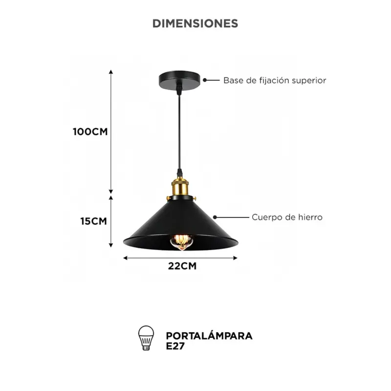 Lámpara De Techo Colgante Gadnic De Hierro 22 Cm E27 Cable 1 Metro