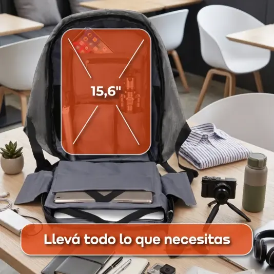 Mochila Antirrobo Porta Notebook 30 Litros con Cable USB Negra Waggs