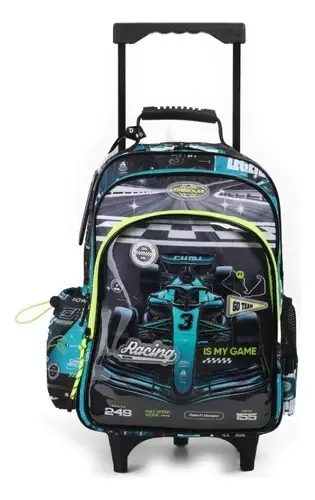 Mochila Escolar Carro 18 Racing Car Chimola Negro Geométrico