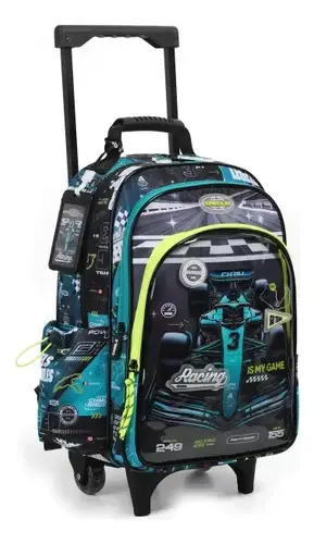 Mochila Escolar Carro 18 Racing Car Chimola Negro Geométrico