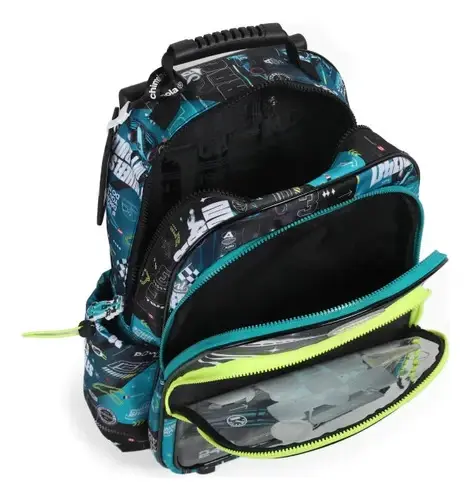 Mochila Escolar Carro 18 Racing Car Chimola Negro Geométrico