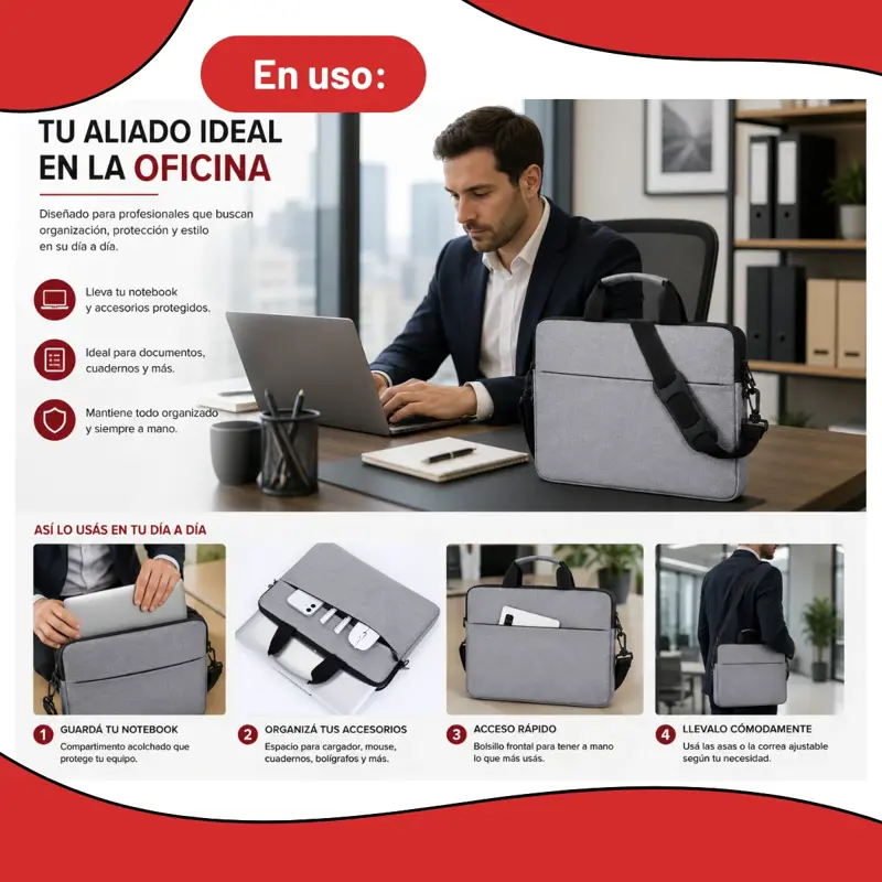 FUNDA MALETÍN PARA LAPTOP NOTEBOOK 15.6 CON CORREA AJUSTABLE GRIS 15,6