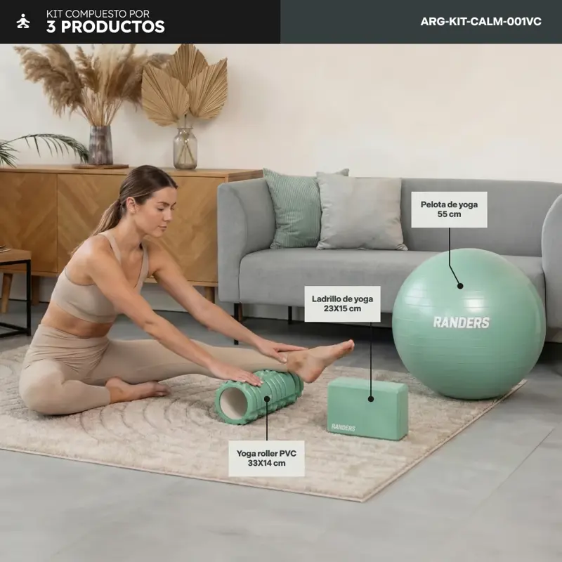 Kit de Yoga Rolo Masajeador + Ladrillo + Pelota Yoga 55cm Verde Pilates Randers Calm Collection
