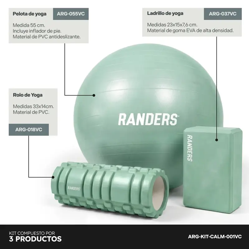 Kit de Yoga Rolo Masajeador + Ladrillo + Pelota Yoga 55cm Verde Pilates Randers Calm Collection