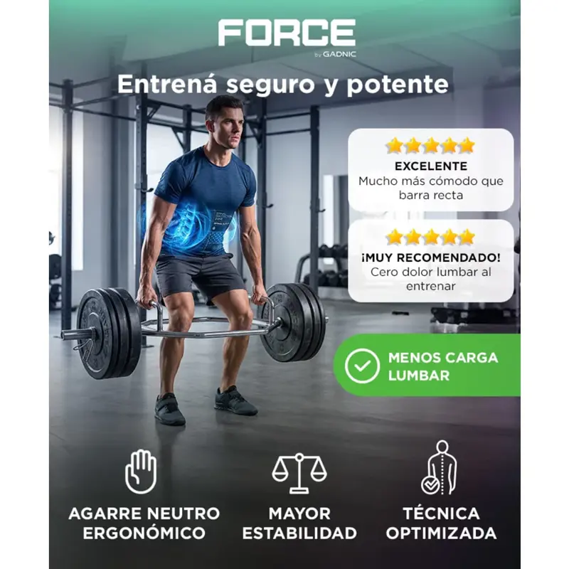 Trap Bar Olimpica Force By Gadnic Hexagonal 50mm Acero Macizo Cromado 145cm 22kg
