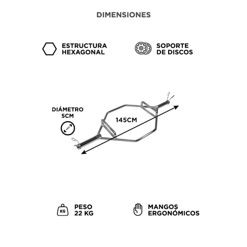 Trap Bar Olimpica Force By Gadnic Hexagonal 50mm Acero Macizo Cromado 145cm 22kg