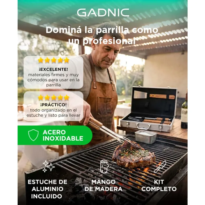 Kit Para Parrilla Gadnic 5 Piezas Acero Inoxidable Asado Pinza Espátula Pinche Afilador Cuchilla