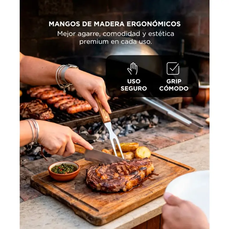 Kit Para Parrilla Gadnic 5 Piezas Acero Inoxidable Asado Pinza Espátula Pinche Afilador Cuchilla