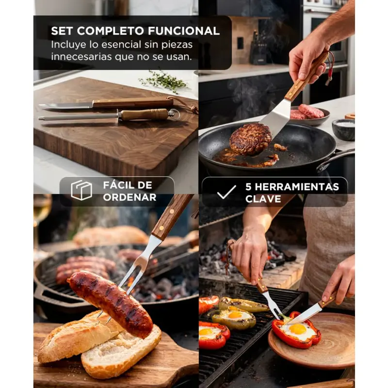Kit Para Parrilla Gadnic 5 Piezas Acero Inoxidable Asado Pinza Espátula Pinche Afilador Cuchilla
