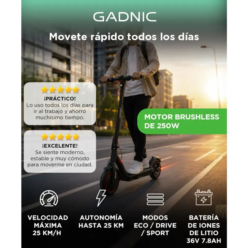 Monopatín Eléctrico Gadnic 250W Velocidad 25 Km H Autonomía 25 Km