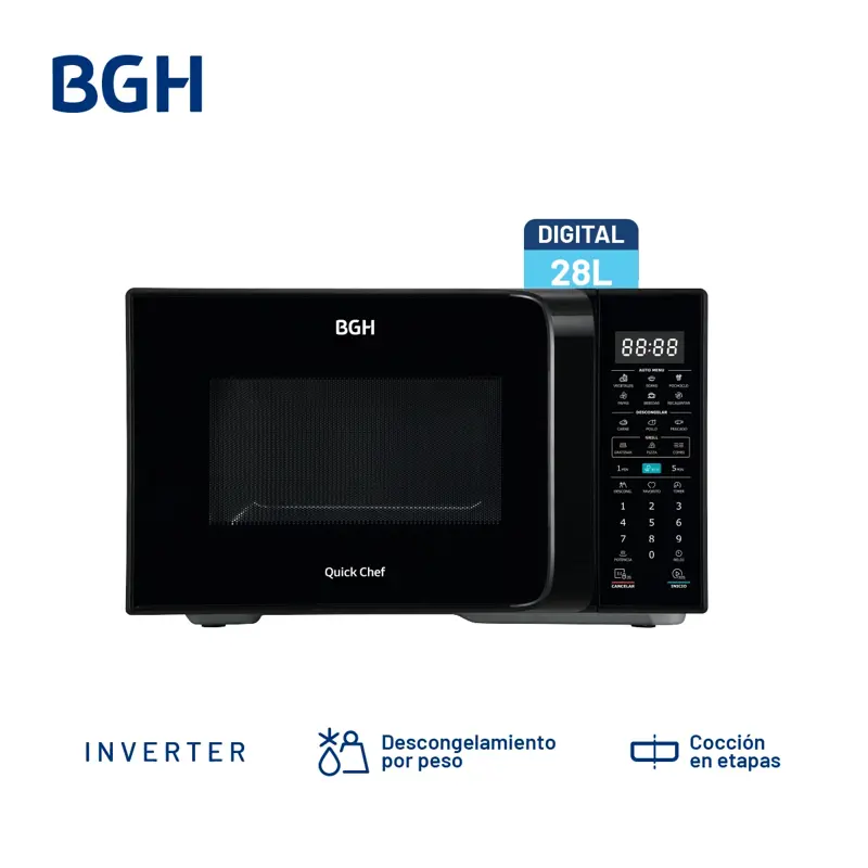 Microondas BGH QuickChef Digital Inverter con Grill Negro 28L