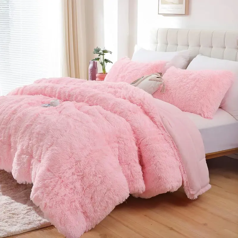 Juego Edredón Fluffy Smoofy Queen Rosa 3 Piezas Forro Polar