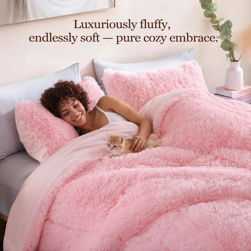 Juego Edredón Fluffy Smoofy Queen Rosa 3 Piezas Forro Polar