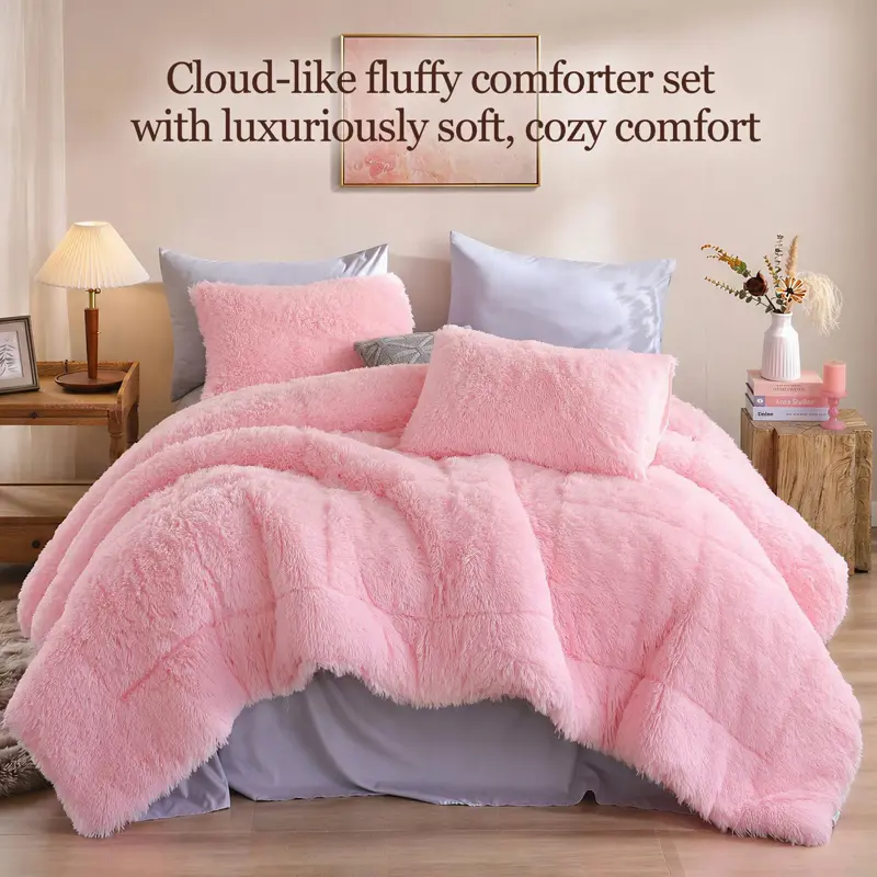 Juego Edredón Fluffy Smoofy Queen Rosa 3 Piezas Forro Polar