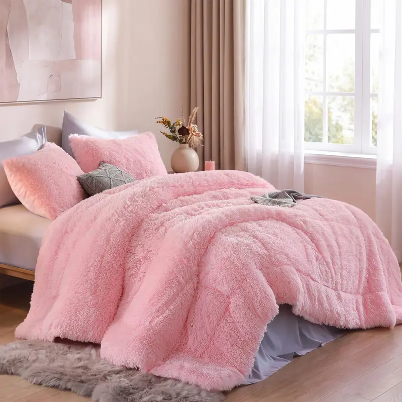 Juego Edredón Fluffy Smoofy Queen Rosa 3 Piezas Forro Polar