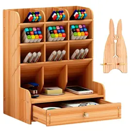 Organizador De Escritorio Porta Lapices De Bamboo Con Cajon 