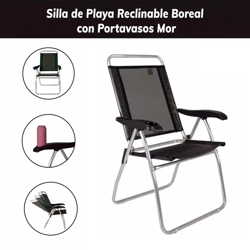 Silla Reclinable Mor Boreal De Aluminio C/Portavasos Negra
