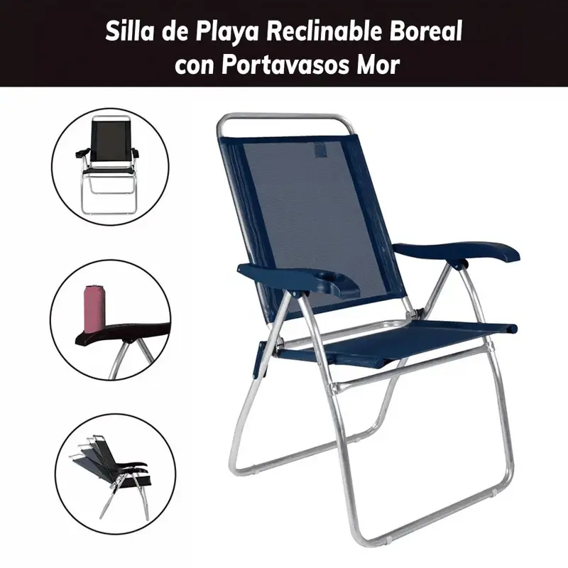 Silla Reclinable Mor Boreal De Aluminio C/Portavasos Azul