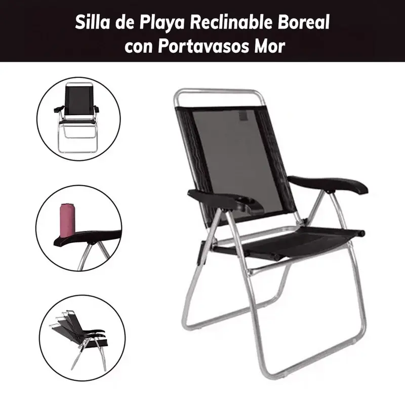 Silla Reclinable Mor Boreal De Aluminio C/Portavasos Negra