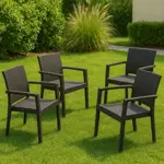 Juego de 4 Sillon De Plastico Negro Reforzadas Con Apoyabrazos Simil Rattan