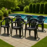 Juego 6 Sillas De Plastico Jardin Reforzadas Con Apoyabrazos Moon Negras