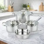 Batería Cocina 7 Piezas Acero Inoxidable Triple Fondo Tapa Vidrio