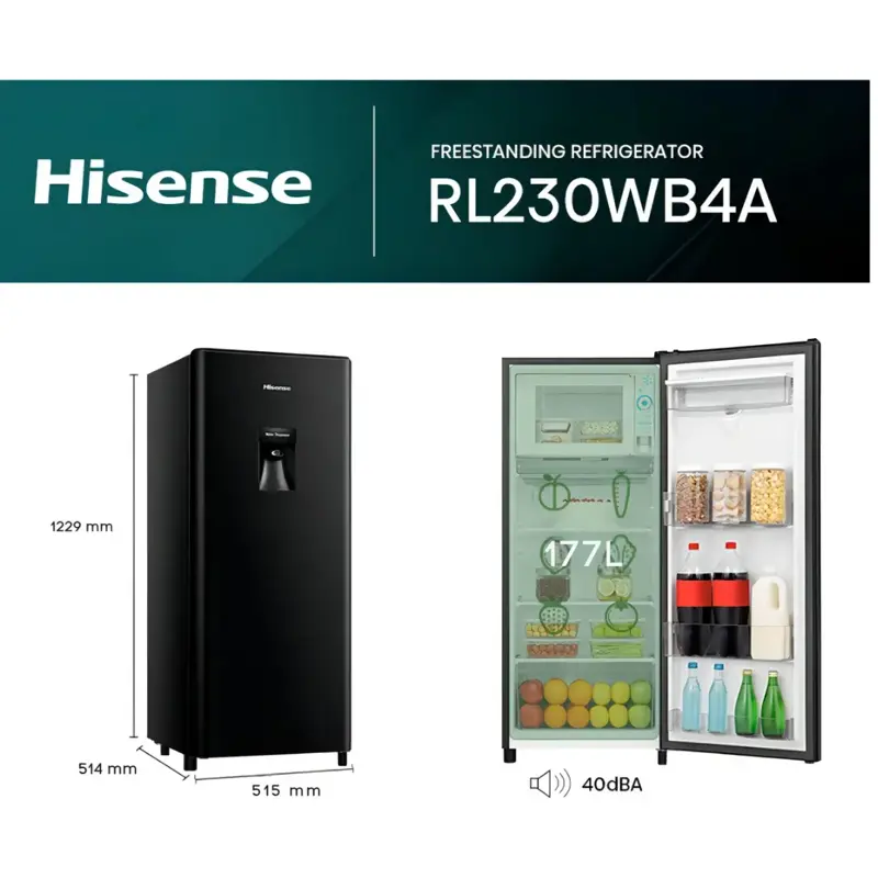 heladera hisense single door 177 l dispenser de agua rl230wb color negro