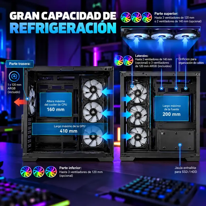 Gabinete ATX Gamer Level Up Argos ARGB Vidrio Templado USB 3.0