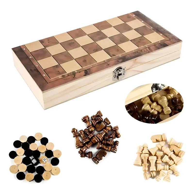 Juego De Ajedrez Damas Backgammon Tablero De Madera