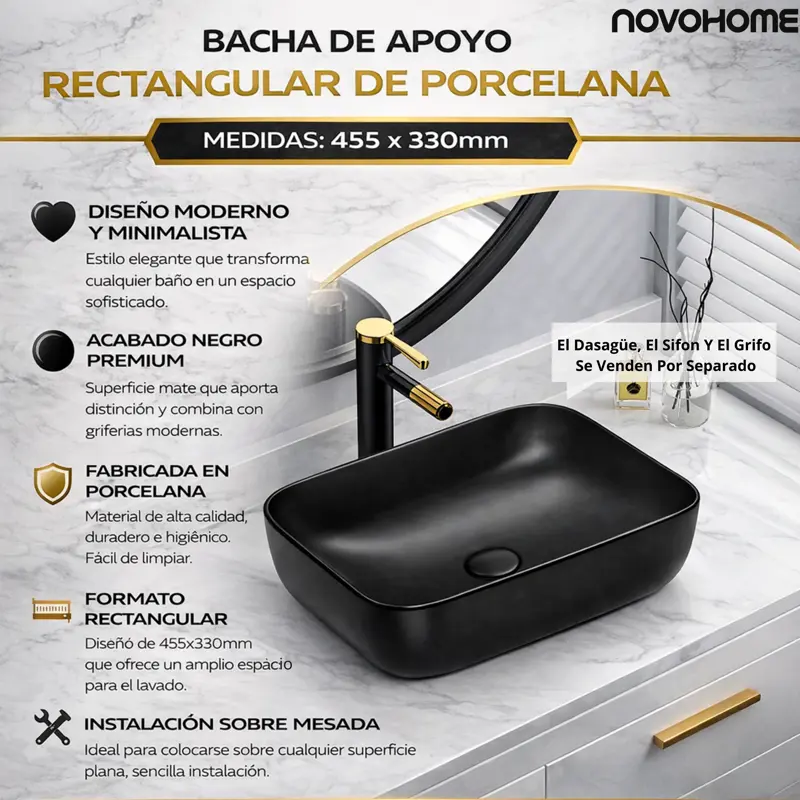 Bacha De Apoyo Rectangular De Porcelana Novohome 455 x 330mm